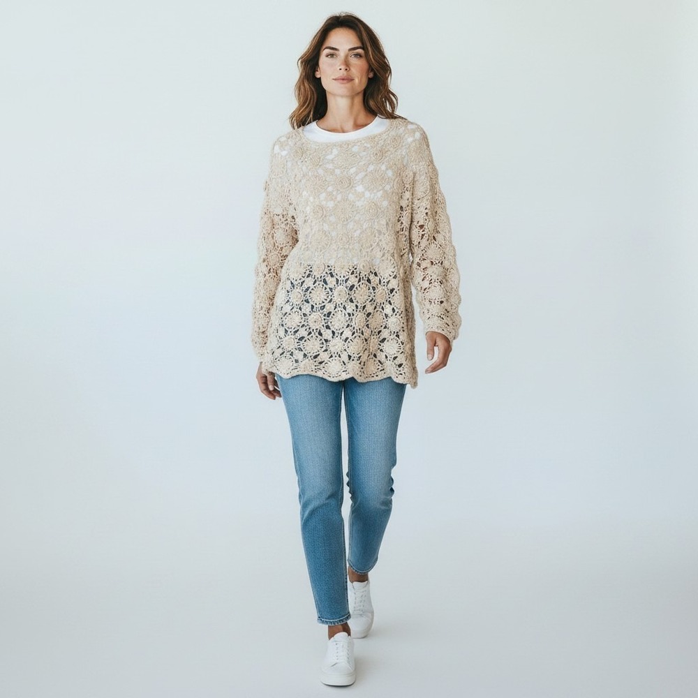 BIMO Womens Crochet Floral Medallion Sweater Cream Metallic Long Sleeve Boho